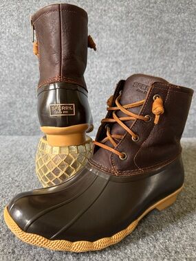 Sperry Saltwater Duck Boots Waterproof Brown Leather Side Zip Rain Boots 9